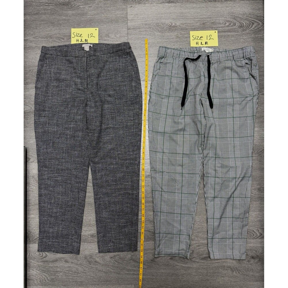 H&M Women’s Dress Pants Lot of 2 Gray Check Plaid Elastic Waist Drawstring Size